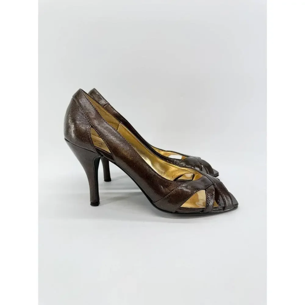 Rampage Maycee Women's Size 9M Brown Pearl Patent Peep Toe Pumps Heels